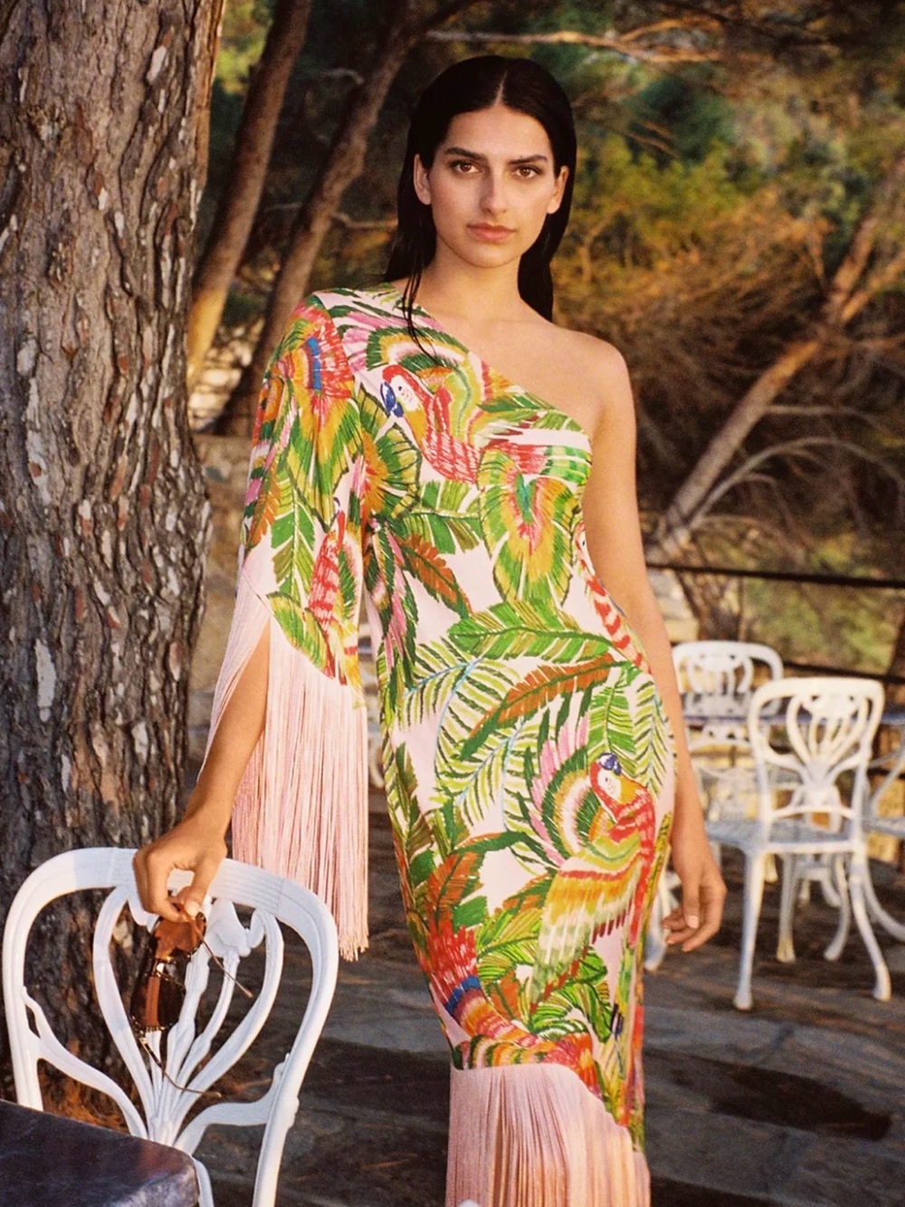 Farm Rio One-Shoulder Macaw Tropical Fringe Midi Dress - Multicolor - Picture 2 of 4